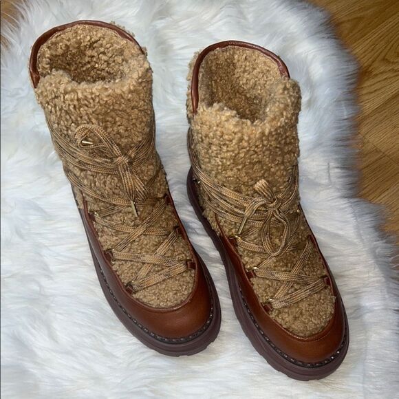 Sam Edelman Orelia Tan Brown Shearling Lace-Up Boots Size 8.5 - Picture 1 of 10